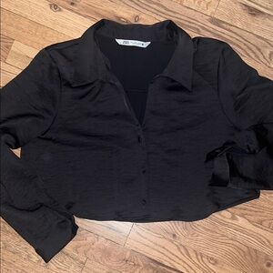 Zara Satin Cropped Button Down Shirt Size Large